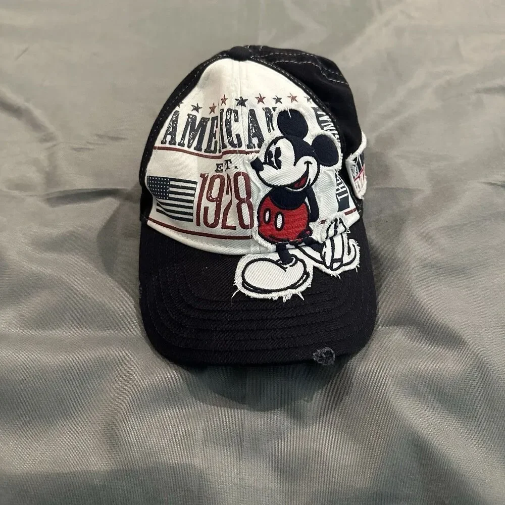 Disney Parks Mickey Mouse Stretch Fit Cap Hat American 1928 Navy Blue Distressed